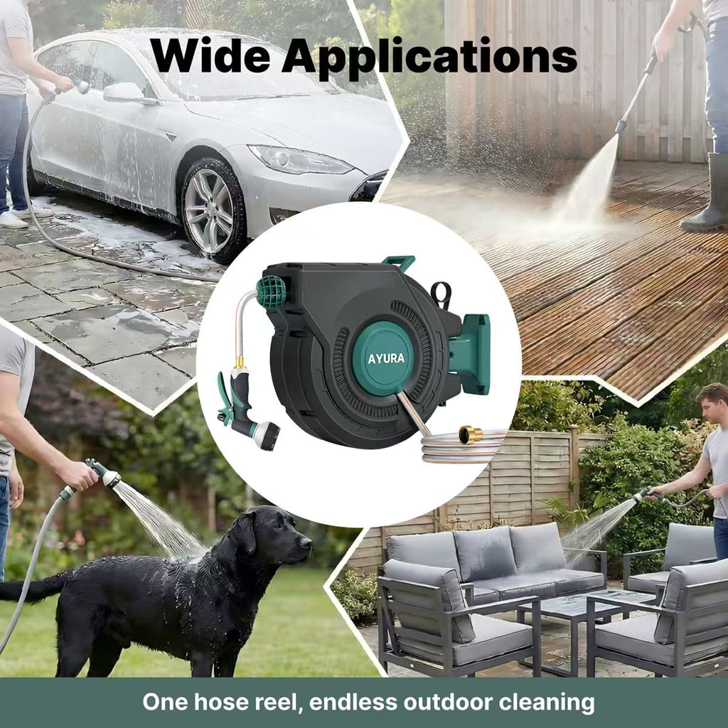100FT Retractable Garden Hose Reel | 30m Wall-Mounted Auto Rewind Hose