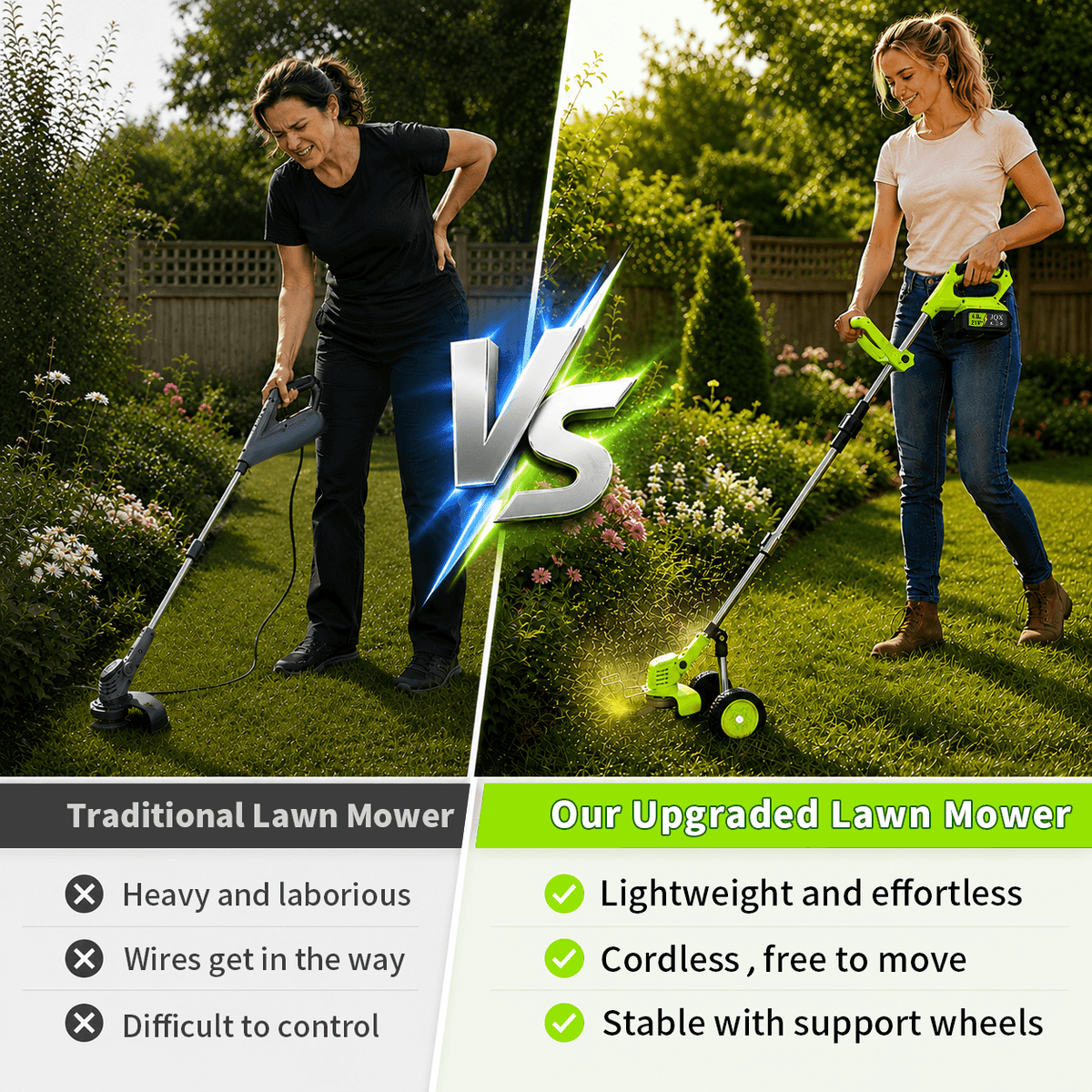 21V Cordless Grass Trimmer & Brush Cutter with Wheels
