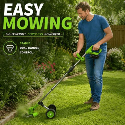 21V Cordless Grass Trimmer with Wheels – 1 or 2 Battery Kit