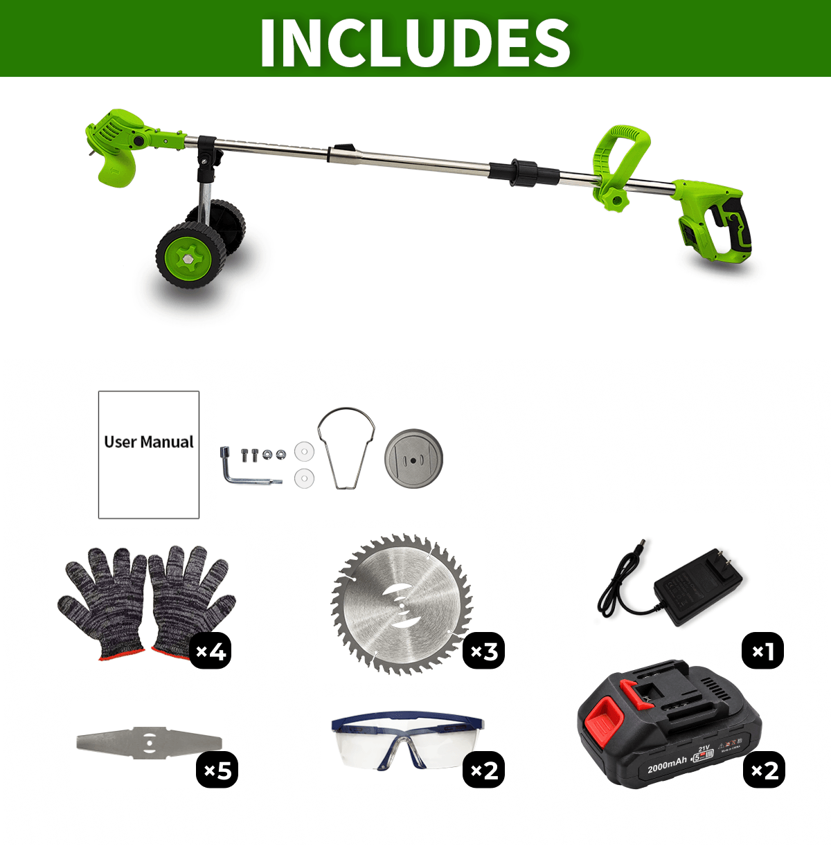 21V Cordless Grass Trimmer with Wheels – 1 or 2 Battery Kit