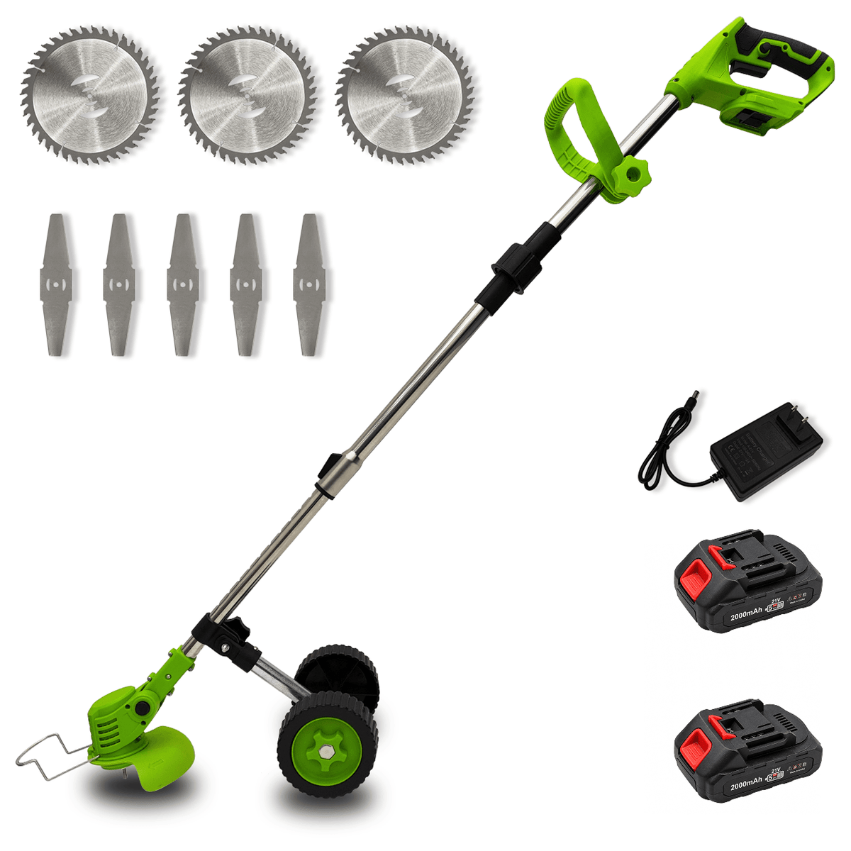 21V Cordless Grass Trimmer with Wheels – 1 or 2 Battery Kit