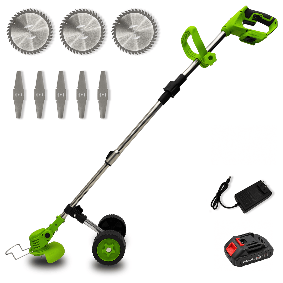 21V Cordless Grass Trimmer with Wheels – 1 or 2 Battery Kit