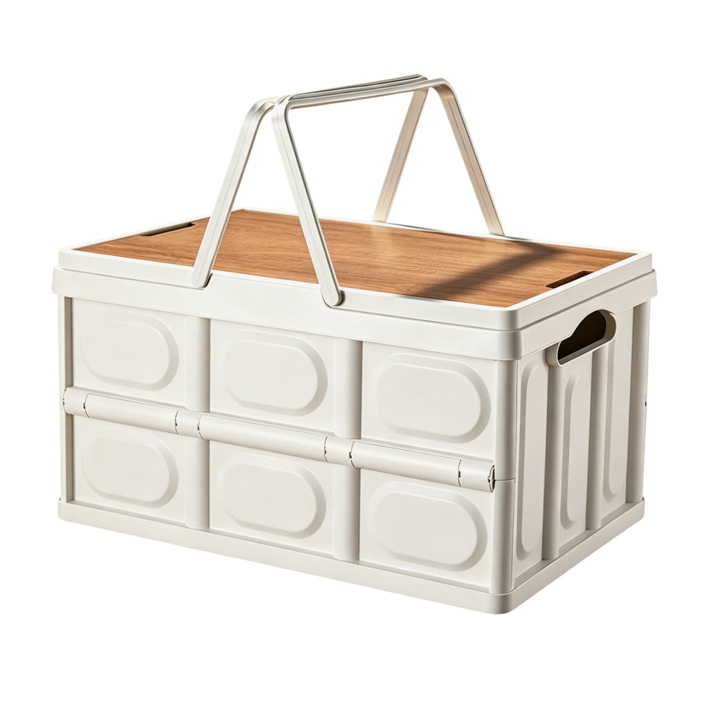 Collapsible Camping Storage Box with Wooden Lid | Folding Storage Crate