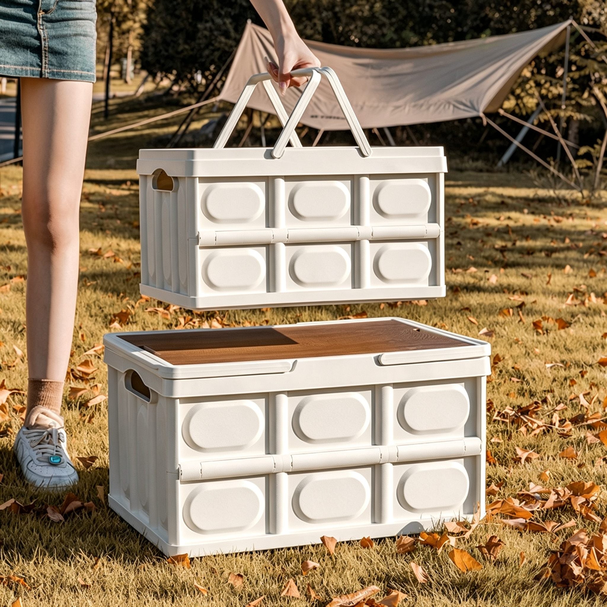Collapsible Camping Storage Box with Wooden Lid | Folding Storage Crate