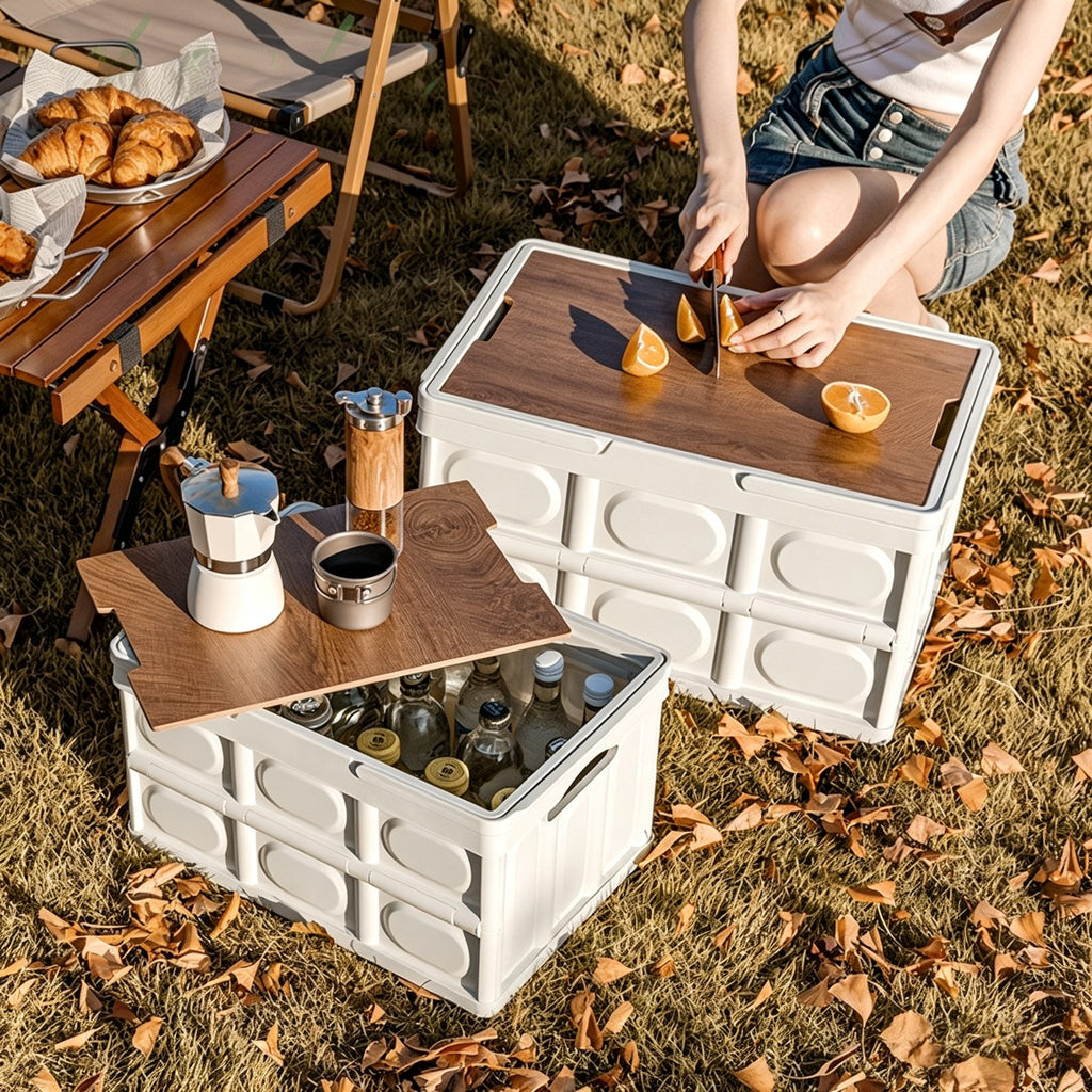 Collapsible Camping Storage Box with Wooden Lid | Folding Storage Crate