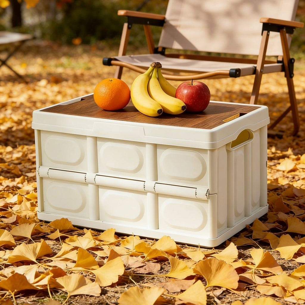 Collapsible Camping Storage Box with Wooden Lid | Folding Storage Crate