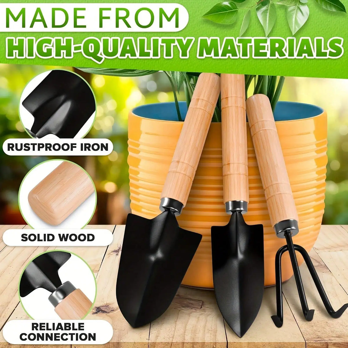 Mini Garden Tool Set | Wooden Handle Tools for Pots & Indoor Plants