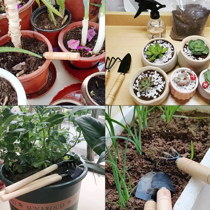 Mini Garden Tool Set | Wooden Handle Tools for Pots & Indoor Plants